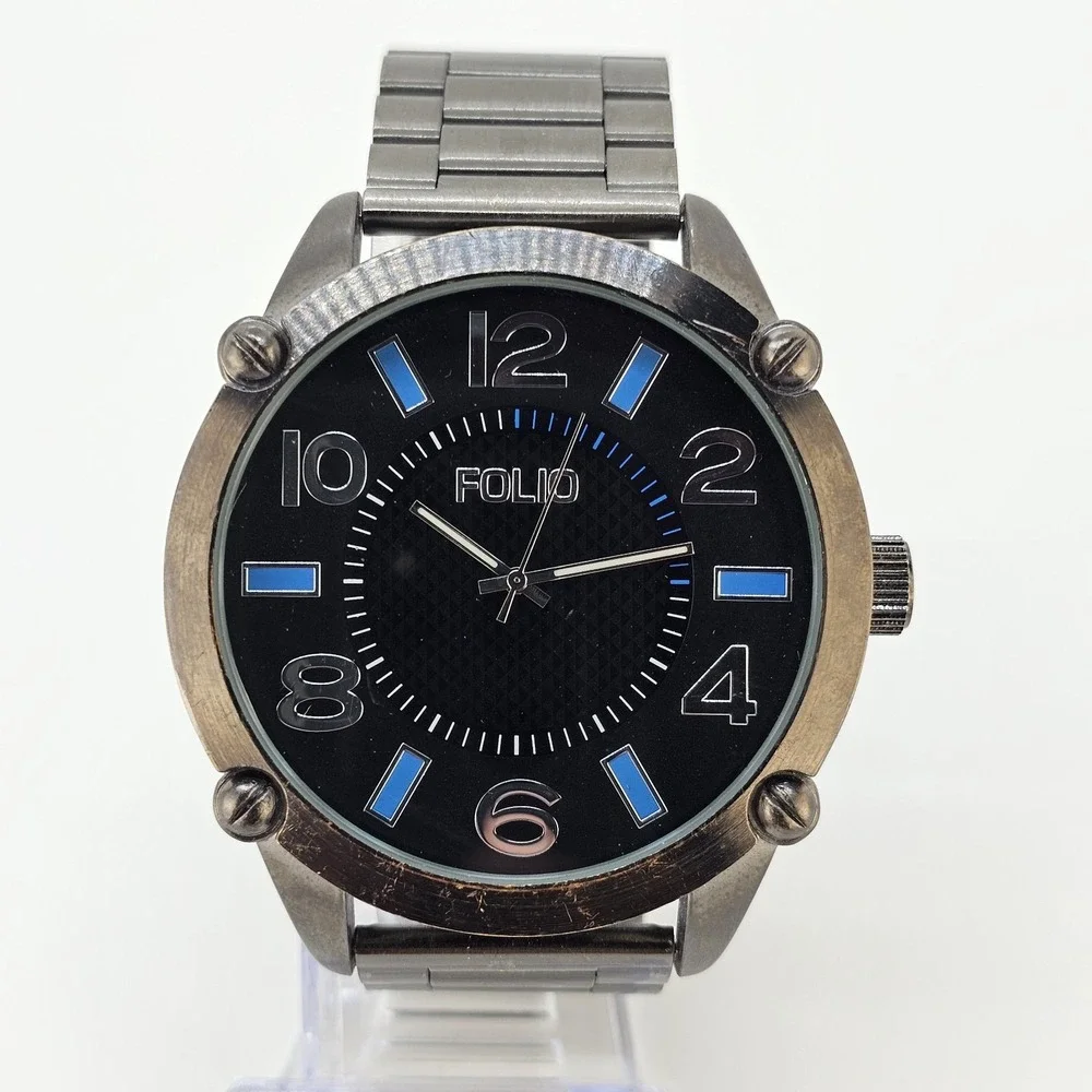 Folio Men Watch 54MM Black Dial Gun Metal Gray Bracelet Band 7.25